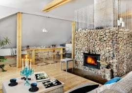 mieszkanie, wystrój wnętrz, kominek, salon z kominkiem