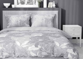 POŚCIEL BAWEŁNIANA, 160 X 200 CM, O SATYNOWYM SPLOCIE, KWIATY, SZARA