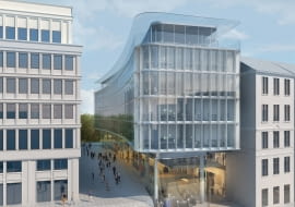 Tak będzie wyglądał biurowiec od strony Nowego Światu. Po lewej - narożnik dawnego Domu Partii, po prawej kamienice przy pl. Trzech Krzyży