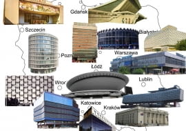 Zabytki architektury PRL na mapie Polski. kolaż: Tomasz Sachanowicz / dynamo architekci