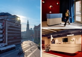 Fot. z lewej: budynek dawnej Miejskiej Kasy Oszczędności we Wrocławiu; Fot. z prawej: wnętrza B&B HOTEL Wrocław Old Town, proj.  AKA Studio