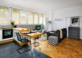 kawalerka, nowoczesny salon z aneksem kuchennym