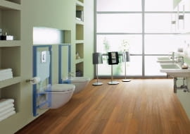 Za obudową z płyt gipsowo-kartonowych można ukryć stelaże do zawieszania miski i bidetu