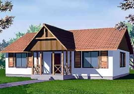 Widok domu parterowego o powierzchni użytkowej 108m<sup>2</sup>, w tym: pokoje: 27,7m<sup>2</sup>, 14,3m<sup>2</sup>,14,9m<sup>2</sup> i 10,7m<sup>2</sup>, kuchnia: 10,3m<sup>2</sup>, łazienka: 5,8m<sup>2</sup>, w.c.: 1,48m<sup>2</sup>