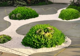 Sposób na monotonną posadzkę - strumyk z białego żwiru i zatopione w nim zielone wyspy z rojników oraz rozchodników