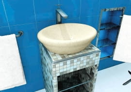 ŁAZIENKA. Kwadratowe, owalne, okrągłe, prostokątne i wielokątne. Nowoczesne umywalki zaskakują rozmaitymi kształtami, ale również ciekawą barwą i oryginalnymi ozdobami. A ceny? Każdy znajdzie coś na miarę swojego portfela. <BR >Retro Beige, ceramiczna, nablatowa, śr. 50 cm, 1329 zł, Hybner