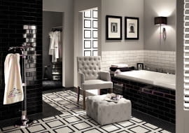 Białe i czarne płytki z nowej kolekcji Tubądzin dynamizują łazienkową przestrzeń i dodają jej charakteru. Dekor Coll Round Black oraz Coll Round White kosztują 49,82 zł/szt. Mozaiki podłogowe z kolekcji Monaco kreacji Macieja Zienia dla Tubądzin (Mozaiki Rivage 4 oraz Rivage 5) 36,29 zł/szt. tubadzin.pl