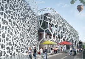 Frontowa elewacja budynku przypominać będzie ogromny plaster miodu lub budownictwo pająków.