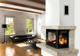 modern living room interior with fireplace (3D rendering)