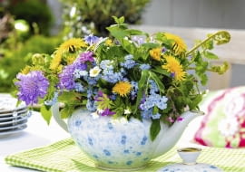 WiesenblumenstrauR mit Vergissmeinnicht, LUwenzahn, ErdbeerblŁten, Scabiosen, Waldmeister, Farnkraut, ImmergrŁn, Wilder Storchschnabel/Ruprechtskraut SLOWA KLUCZOWE: blŁhend Blume BlumenstrauR BlŁte Kanne Myosotis StrauR Tee Teekanne Vergissmeinnicht Wiesenblume WiesenblumenstrauR