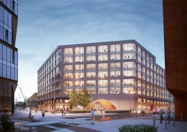 Budynek biurowy - widok na róg ul. Stefana Jaracza i ul. Nowomiejskiejz placu przed Europejskim Centrum Solidarności.