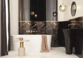 Złoto to szlachetny kolor, który wnosi do wnętrza blichtr i orzeźwienie. Zjawiskowo prezentuje się z czernią, intensywnymi brązami oraz miedzianymi refleksami. Do tego motyw roślinny wprowadza pierwiastek egzotyki oraz oryginalności, Ceramika Tubądzin