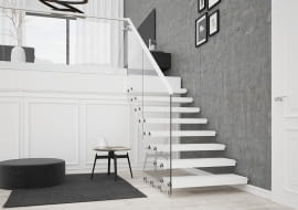 Rintal Polska, model Aira Schody proste, ażurowe. Konstrukcja wspornikowa. Stopnie z drewna. Balustrada szklana 2x8 z drewnianym pochwytem.