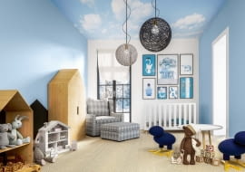 Farby do pokoi dziecięcych. Aby niebo na ścianie nie zasnuło się ciemnymi 'chmurami' od dziecięcych paluszków, warto zdecydować się na farbę odporną na szorowanie.