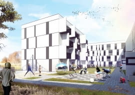 Jak widać na załączonej wizualizacji - budynek swoim kształtem tworzy kameralne wnętrze urbanistyczne z otwarciem na pobliski staw. Na wolnym od zabudowy terenie architekci z pracowni CALCA zaprojektowali bezpieczny plac zabaw z instalacjami do wspinania, pokryty nawierzchnią amortyzującą upadki oraz szachownicę. Na styku placów tworzonych przez wewnętrzne elewacje obiektu, znalazło się także miejsce na nowoczesną rzeźbę, podnoszącą walory estetyczne wspólnego otoczenia.