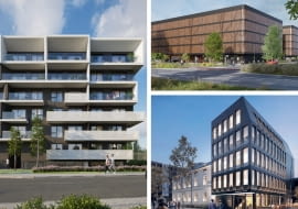 Z lewej: LaVie House; Z prawej - na górze: Błonia Residence; Z prawej na dole: Schindler Office. Proj. STANDart ARCHITEKCI.