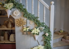 Kremowo-białe poinsecje, zarówno cięte, jak i doniczkowe, zdobią balustradę i prezenty.