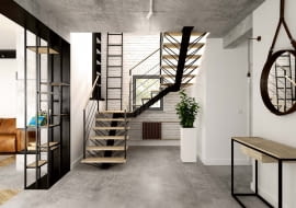 We wnętrzach industrialnych dobrze prezentują się 'łamane' schody zrobione z połączenia drewna i stali. H+Architektura Damian Hołownia, haplus.pl