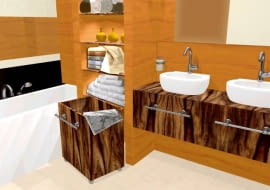 Półki, pojemnik oraz blat pod umywalkami są fornirowane palisandrem. Stalowe uchwyty zamontowane przy umywalkach (takie same jak w pojemniku) służą jako relingi na ręczniki.