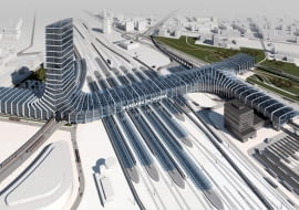 Studencka wizja Dw. Zachodniego. Od lewej widać nowy łącznik kolejowy, wieżowiec, stację KDP, linię metra, pętlę i P+R oraz linię tramwajową