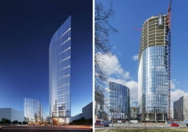 Mennica Legacy Tower obcenie ( z prawej) i na wizualizacji (z lewej).