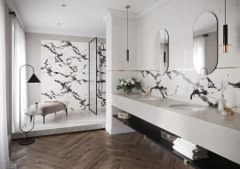 Kolekcja płytek ściennych Santis, na podłodze gresy z kolekcji Passion Oak Opoczno