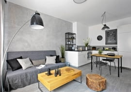 salon z aneksem kuchennym, wystrój wnętrz