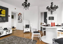 salon, wystrój wnętrz, czarno-białe mieszkanie, Folk Design