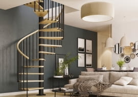 Schody Trio z balustradą Tube z rurek oraz drewnianym pochwytem.