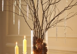 Nagie gałęzie drzew zimą często pokrywają się szadzią i lodem. Ten sam klimat można stworzyć w domu, w szklanym wazonie. Wystarczy wstawić do niego sznur lampek (najlepiej diodowych), szyszki i gałęzie brzozy. Do tego akrylowe sople... I dekoracja gotowa. www.blog.1800flowers.com