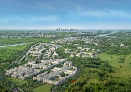 Mokotów Sportowy. Wizja zabudowy planowanej dzielnicy. Widok z lotu ptaka