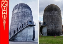 Trudelturm w Berlinie. Z lewej: okładka płyty "Zeit" Rammstein; z prawej: Trudelturm