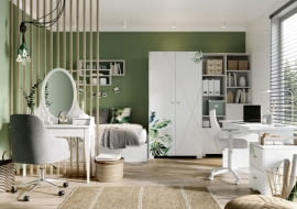 Meblik_szafa 100 Nature   regał 100 wysoki Nature   biurko flex white   box Nature   krzesło Solar Stone   krzesło Royal szare   toaletka ReStyle white