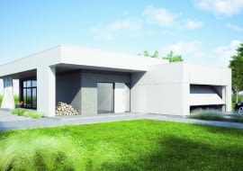 Podoba mi się zestawienie gładkiego tynku na ścianach zewnętrznych z płytami elewacyjnymi, których użyto do obłożenia kubika garażu oraz podwyższonych partii budynku. Warto też zwrócić uwagę na drzwi wejściowe otoczone dużymi taflami szkła, które doświetlają hoi kuchnię.