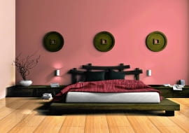 Modern bedroom in ethnic style 3D rendering SLOWA KLUCZOWE: interior furniture situation sofa vase bedroom pillow glass blind white wood niche illumination modern reflection 3D comfort rest area room home decor relax lifestyle furnishings comfortable leisure objects shade family illustration lamp bed blanket black carpet book dream sleep luxurious apartment blanket ethnic jalousie yellow plant