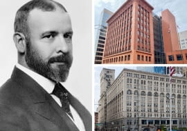 Z lewej: Louis Henry Sullivan; Z prawej na górze: Wainwright Building w St. Louis; Z prawej na dole: Auditorium Building w Chicago