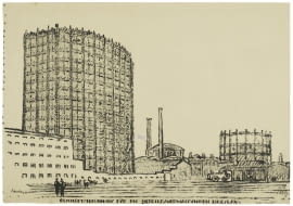 Max Berg przy współpracy Richarda Konwiarza, projekt wieżowca – biurowca dla administracji firm przy zakładach przemysłowych, ul. Tęczowa, widok, 1920,