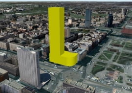 Symulacja centrum Warszawy po wybudowaniu 180-metrowego wieżowca w miejscu pawilonu Cepelii i hotelu Metropol