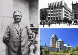 Z lewej: Adolf Szyszko-Bohusz; Z prawej na górze: Budynek Feniksa na Rynku Głównym w Krakowie; Z prawej na dole: Zameczek Prezydenta RP w Wiśle