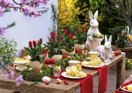 Oster - Tischdeko mit Tulpen : Tulipa ( Tulpen ) in Straußeneiern auf Moosbett, Keramik - Osterhasen, Ostereier in rot und weiß Möbel : Holzwerk - A, info@holzwerk-a.de 0551 - 3883148 61020757 Ausschnitt SLOWA KLUCZOWE: 000 Eier Hasen Ostern Terrasse Tisch Tischdekoration Topf ZZZ draussen gelb quer rot