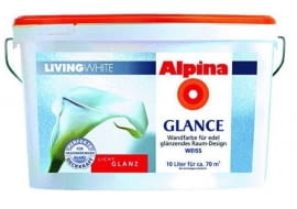 Alpina Living White GLANCE efekt: gładka powłoka z połyskiem Potrzebne produkty: grunt Alpina Renova (opcja: na zniszczone ściany); farba emulsyjna Alpina Living White GLANCE. Cena produktów na 1 m2 ściany: 6,80 zł.