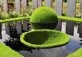 Trawnik jak zielona wyspa. Półkula i misa to aranżacja tylko na pokaz, ponieważ trudno utrzymać ją w takim stanie przez dłuższy czas. Była atrakcją brytyjskiej wystawy Hampton Court Palace Flower Show w 2011 roku