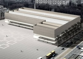 Pierwsza wersja gmachu muzeum - koncepcyjna, która zwyciężyła w międzynarodowym konkursie w lutym 2007 roku. Z racji prostoty bryły, przez internautów nazwana Carrefour'em. Charakteryzowała się betonową elewacją, optycznie lewitującą nad szklanym przyziemiem.