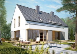 Dwukondygnacyjny dom ma wiele zalet: małą powierzchnię zabudowy (powierzchnia użytkowa jest na dwóch poziomach, dzięki czemu budynek zajmuje mniej miejsca na działce) oraz wyraźny podział na część dzienną i prywatną. Dodatkowy pokój uelastycznia ten program, może zarówno złagodzić, jak i wzmocnić taki podział.