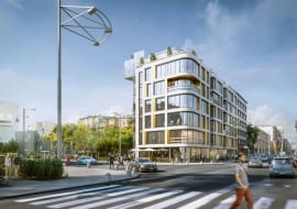 Wizualizacja budynku biurowo-usługowego w Gdyni, przy skrzyżowaniu ulic Świętojańskiej i 10 lutego. Proj. 3MA