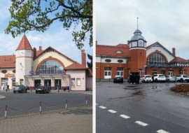 Dworzec kolejowy w Kołobrzgu przed i po remoncie.