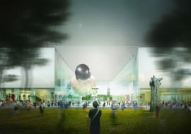 Widok wewnętrznego placu, łączącego Muzeum i Teatr oraz plac Defilad z Parkiem Świętokrzyskim