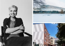 Z lewej: Katarzyna Głażewska; Z prawej na górze: Akademia Muzyczna w Bydgoszczy; Z prawej na dole: budynek mieszkalny przy u. Dubieńskiej w Warszawie