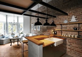 kuchnia otwarta, ściana ceglana, salon, aranżacje wnętrz