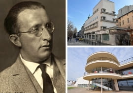 Z lewej: Erich Mendelsohn; Z prawej na górze: Dom Tekstylny Weichmanna w Gliwicach; Z prawej na dole: De La Warr Pavilion w Bexhill-on-Sea